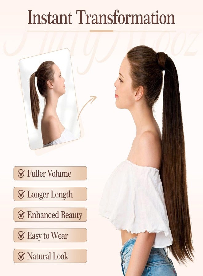 FLUFYMOOZ 28 Inch Ponytail Extension, Versatile Elastic Band Ponytail Extension for Women, Long Straight Synthetic Ponytail Daily Hair Chocolate Brown - Image 4